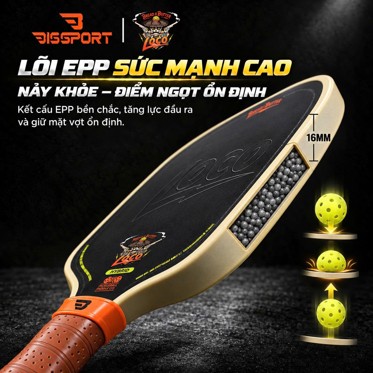 Vợt Pickleball LOCO Hybrid Chính Hãng - Màu Vàng - 16mm - Bền Chắc - Siêu Nhám - Bám Bóng - Toàn Diện - Ổn Định